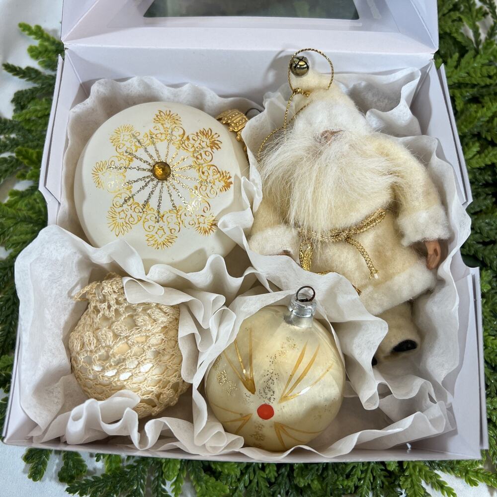 Vintage 4 Glass Crochet Santa Christmas West Germany Ball Ornaments Cream Gold